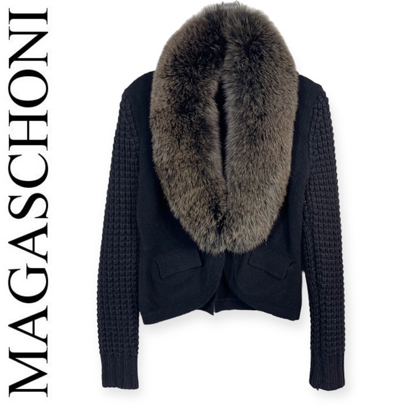 Magaschoni Genuine Fox Fur Collar Wool Alpaca Cashmere Blazer Cardigan Jacket XS - Picture 4 of 16